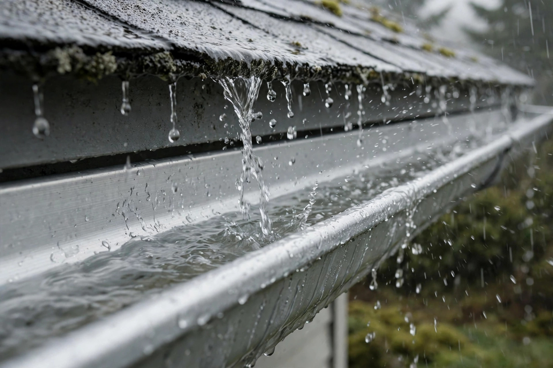Rainwater streaming into a seamless aluminum gutter during a storm